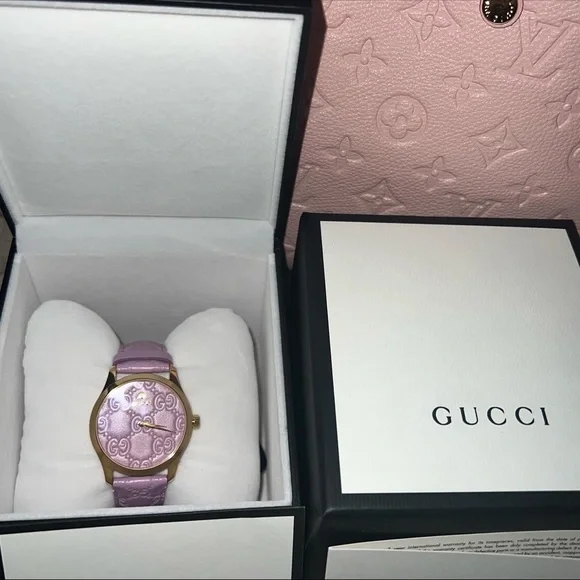 Gucci watch lilac pink purple magenta leather gg monogram gold logo strap - Picture 5 of 7